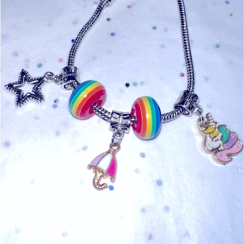 Pink Umbrella Unicorn & Star Kids Charm Bracelets